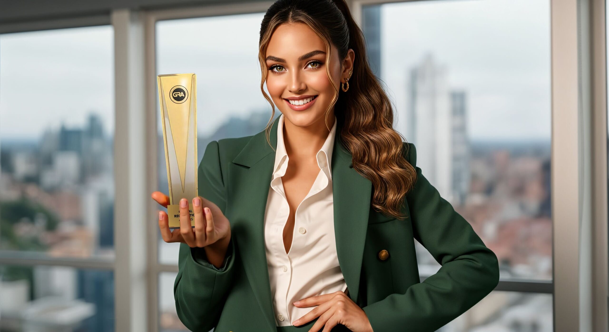 Woman in a green blazer smiling and holding a sleek gold trophy in a high-rise office with a blurred city skyline.
