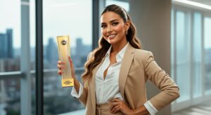 Woman in a beige suit standing in a modern office, confidently displaying a tall gold trophy while smiling.