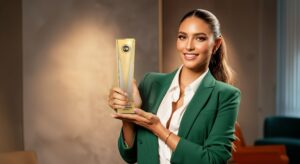 Woman in a green blazer holding a sleek gold trophy under warm lighting in a modern office, expressing pride and achievement.